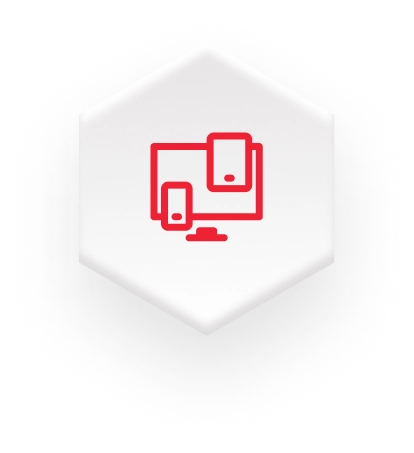 red desktop and mobile devices icon on white hexagon for consumer electronics market on fulfillment website