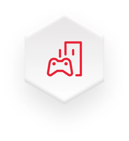 red game console icon on white hexagon for toys, crafts and games market on fulfillment website