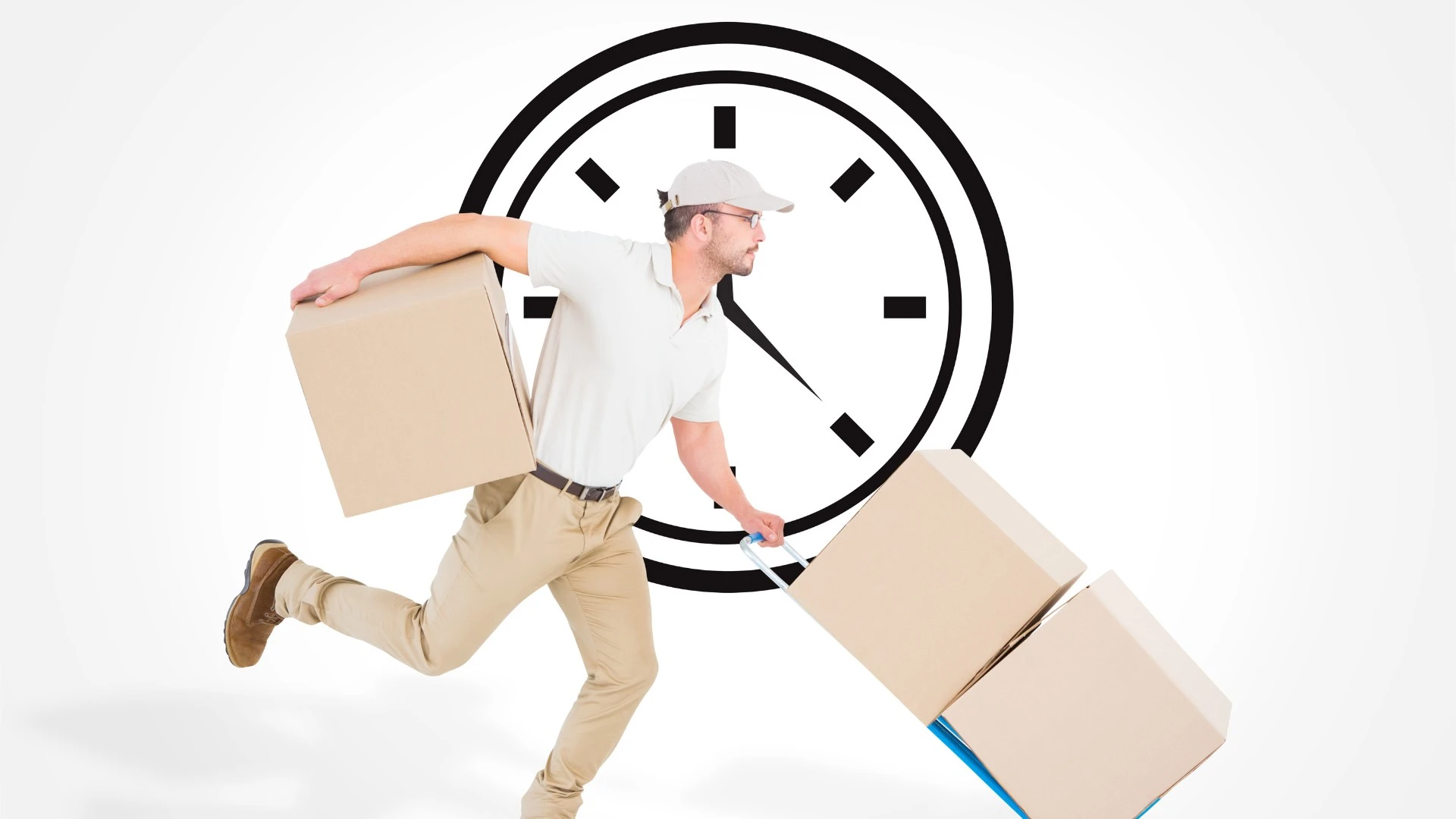 Delivery man in a rush in front of a clock