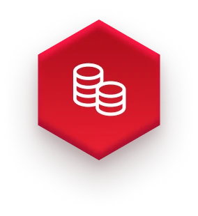 white stacked coins icon on red hexagon on fulfillment websiteflexibility