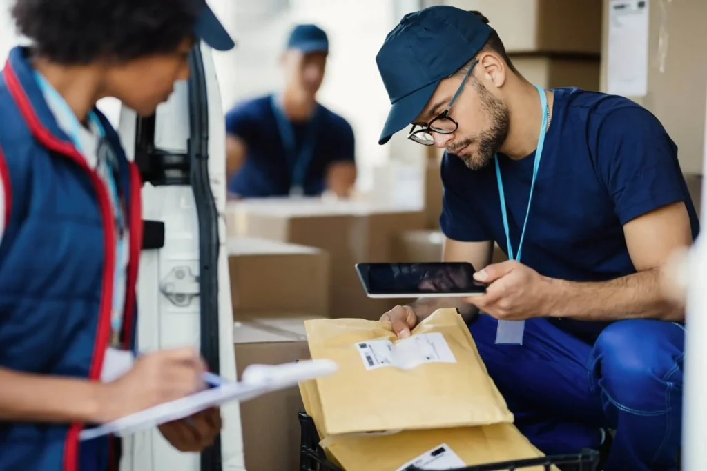 Delivery man scanning a letter with smart phone