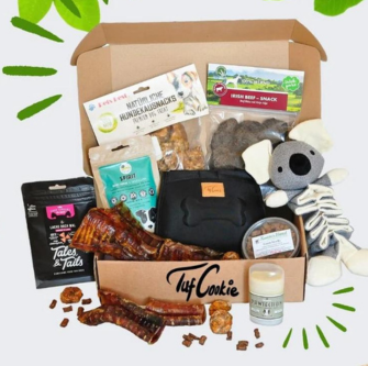 pet food and treats poster with green leaves background